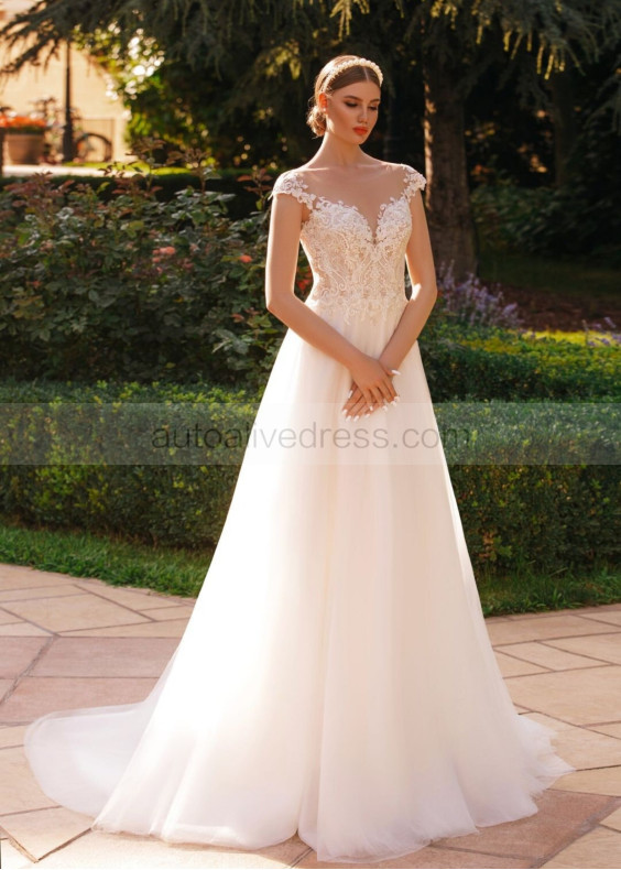 Cap Sleeves Beaded Ivory Lace Tulle Boho Wedding Dress